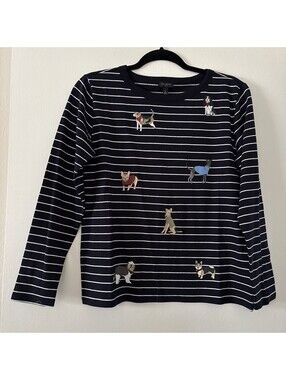 Talbots Petites PS Long Sleeve Cotton Top Black White Striped Jovial Dogs NWT